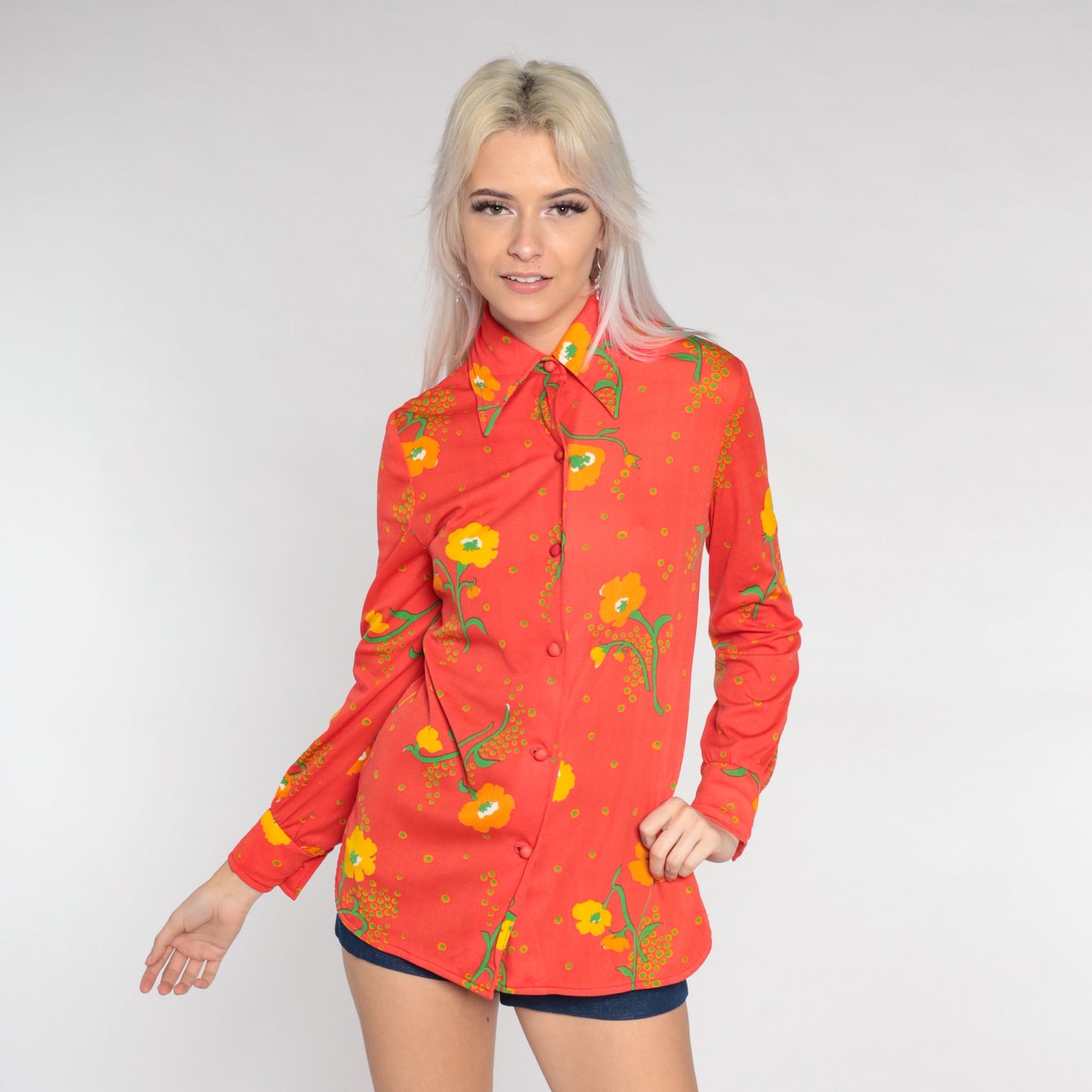 70s Red Poppy Floral Disco Shirt Dagger Collar Button Up Small