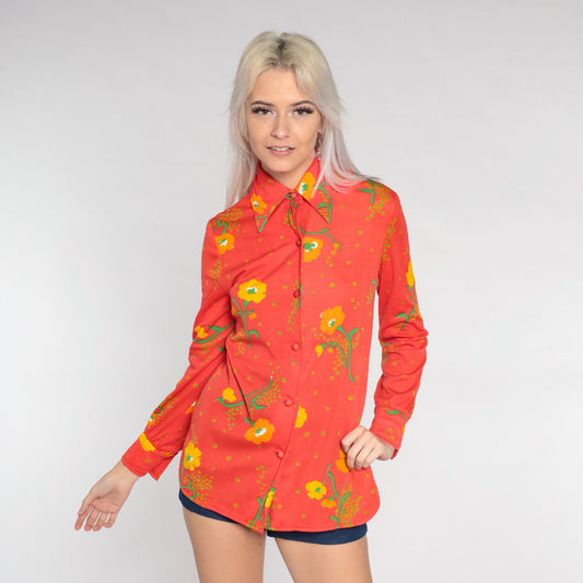 70s Red Poppy Floral Disco Shirt Dagger Collar Button Up Small