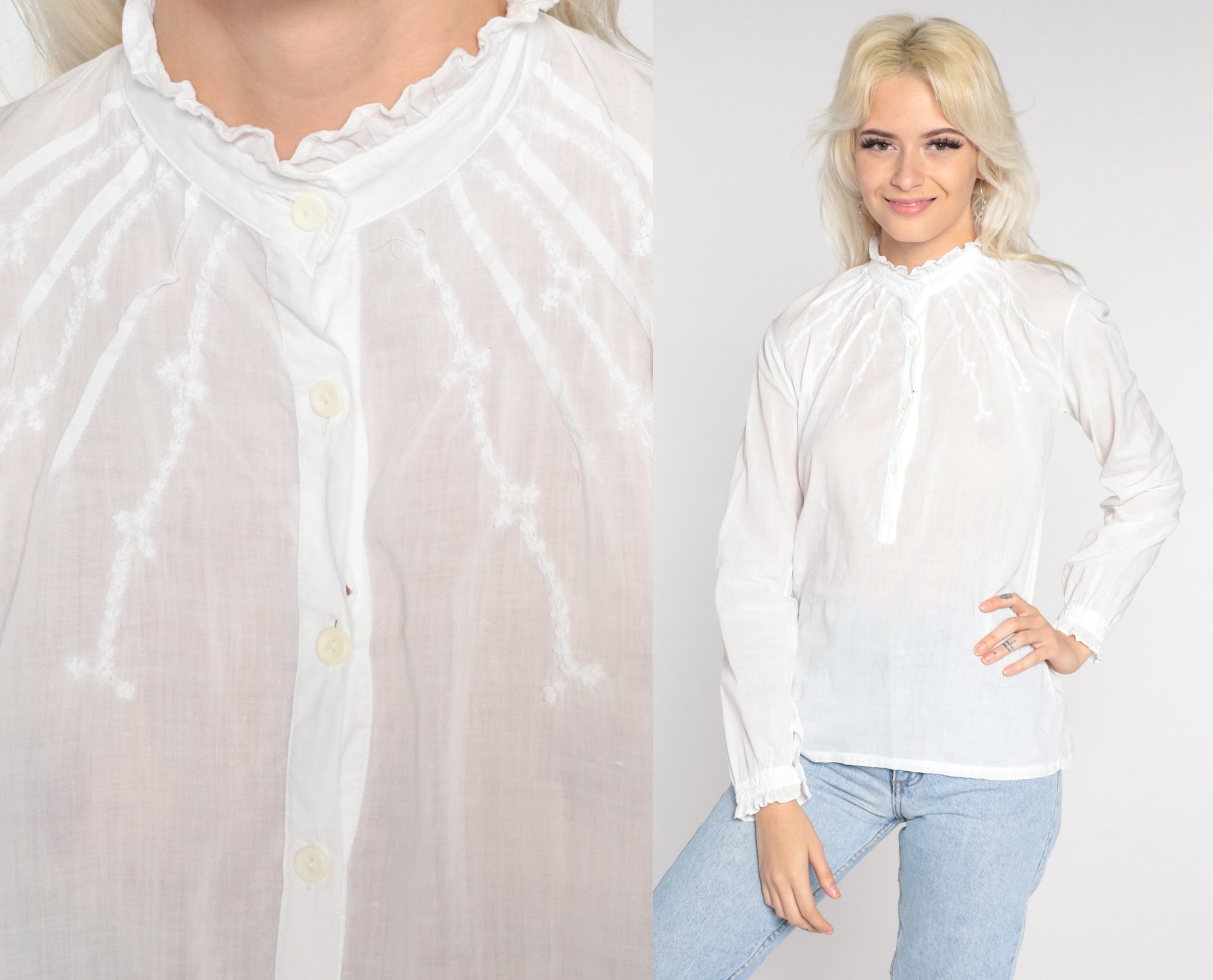90s White Cotton Floral Embroidered Button-Up Blouse Long Sleeve Small