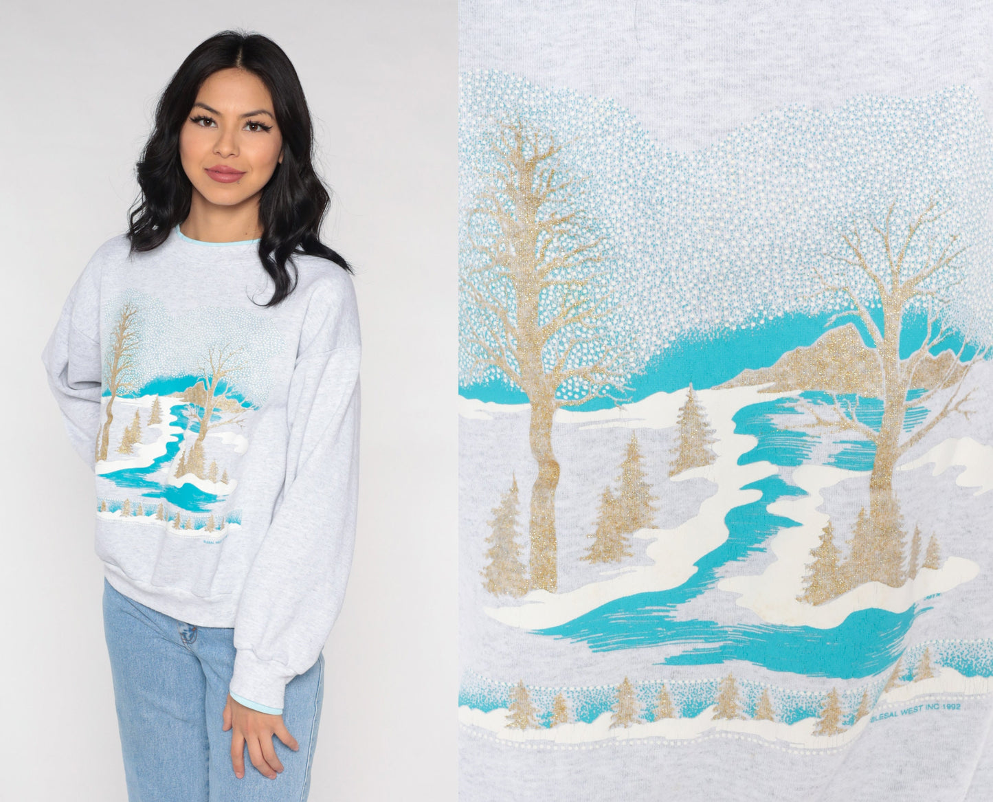 90s Winter Scene Sweatshirt Gold Glitter Trees Heather Grey Medium