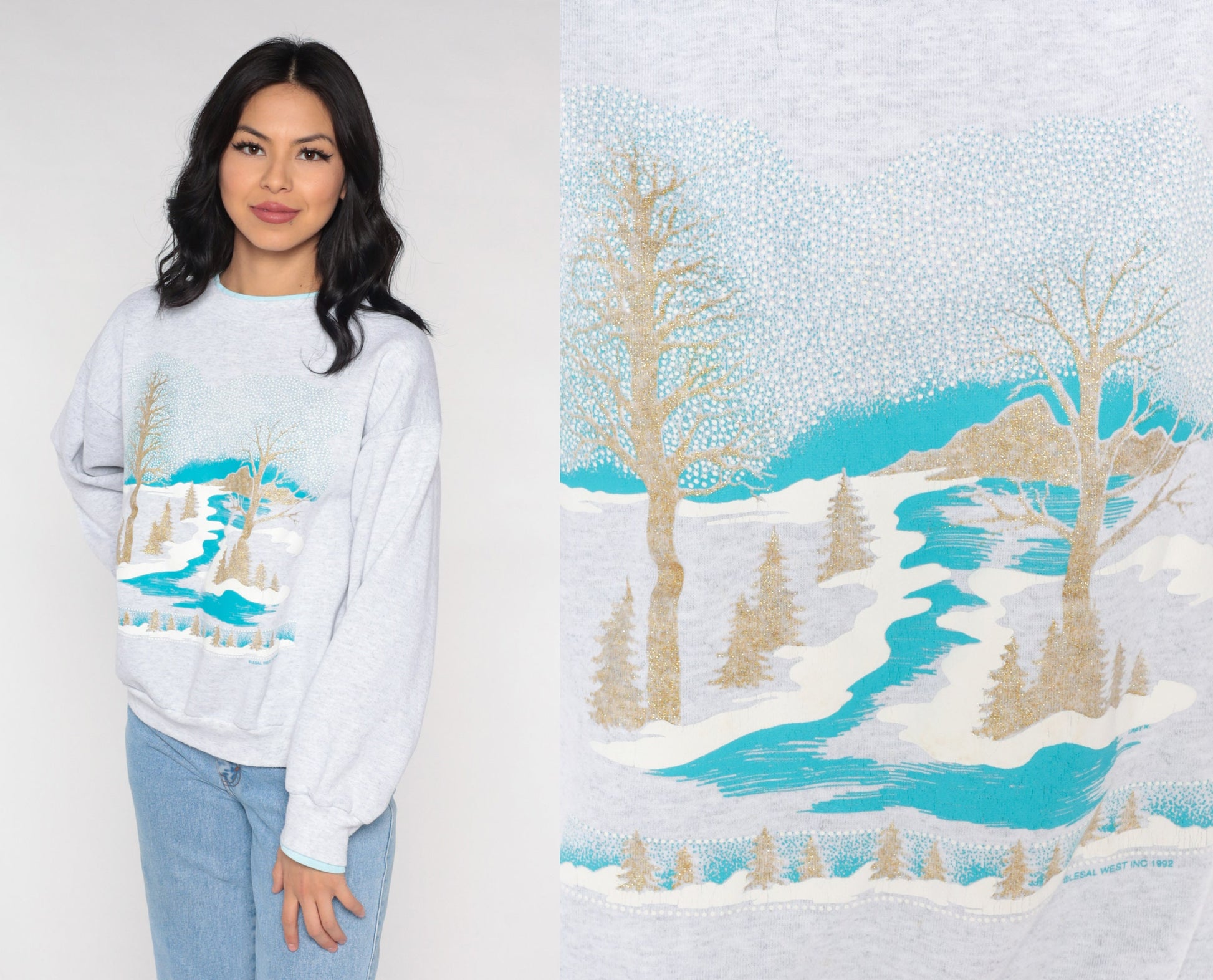 90s Winter Scene Sweatshirt Gold Glitter Trees Heather Grey Medium