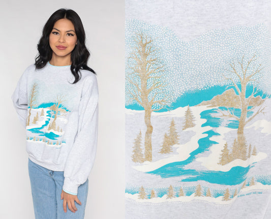 90s Winter Scene Sweatshirt Gold Glitter Trees Heather Grey Medium