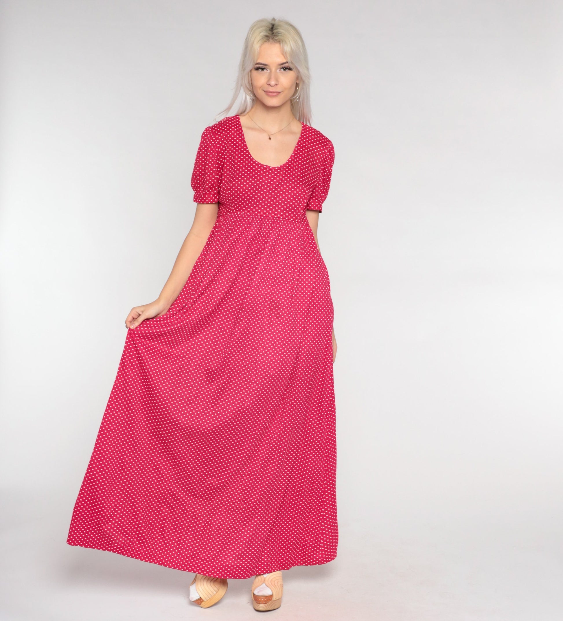 70s Red Polka Dot Maxi Dress Puff Sleeve Empire Waist Small