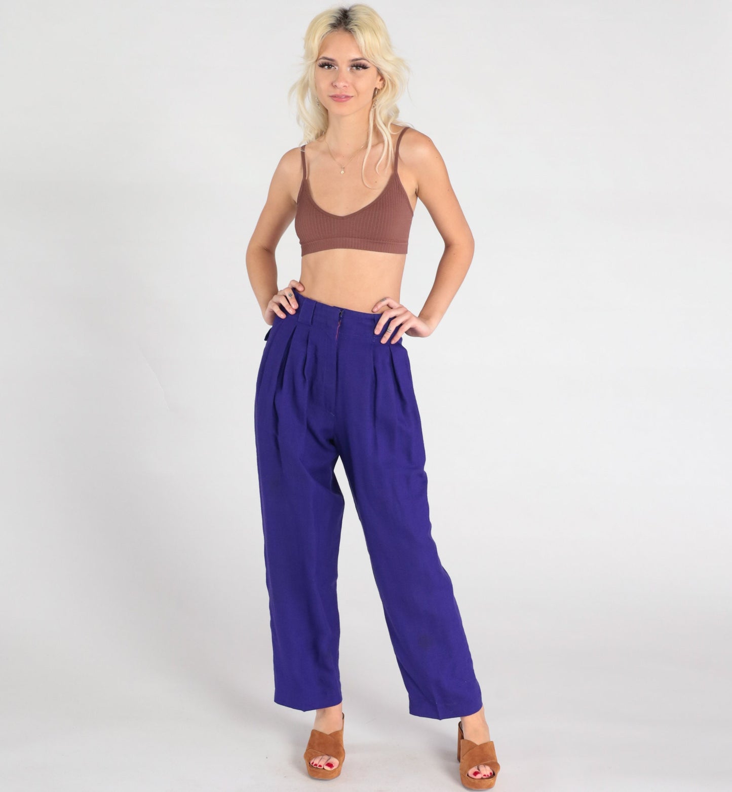 80s Purple Wool High-Waisted Pleated Trousers Straight Leg Small