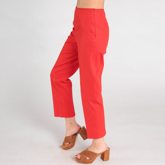 90s Red Slim Straight Ankle Trousers Mid Rise Side Zip Extra Small