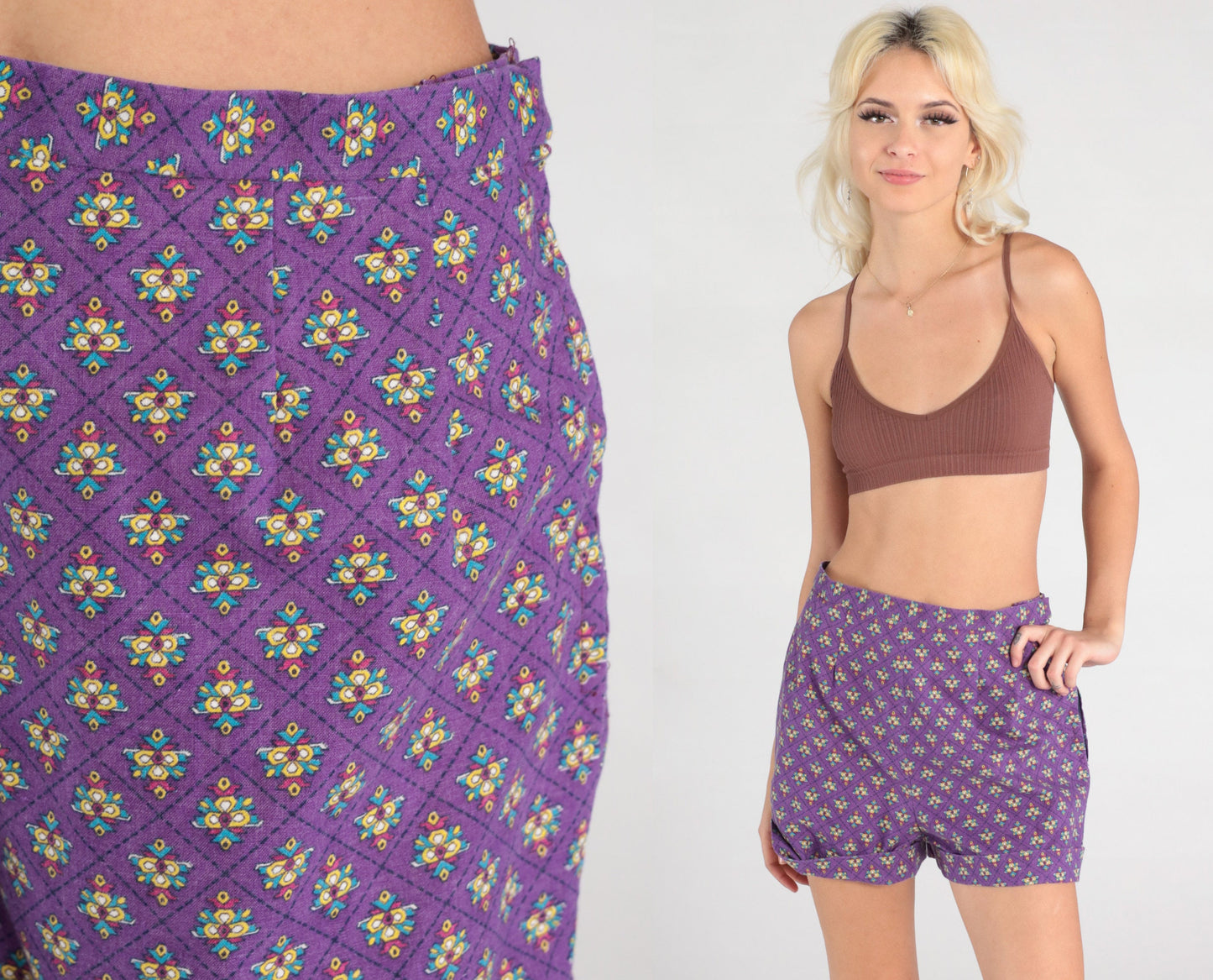 70s Purple Geometric High-Waisted Shorts Cuffed Trouser Bottoms Small
