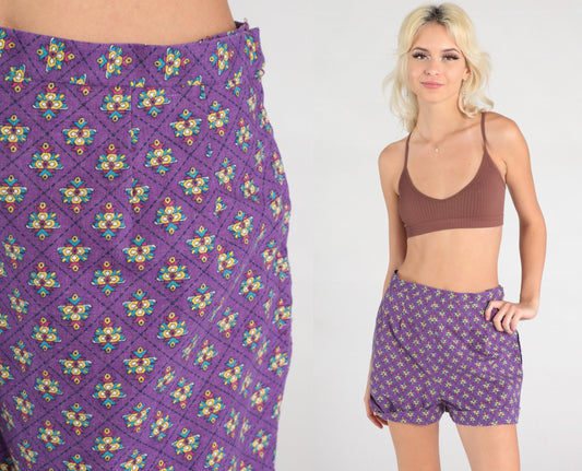 70s Purple Geometric High-Waisted Shorts Cuffed Trouser Bottoms Small