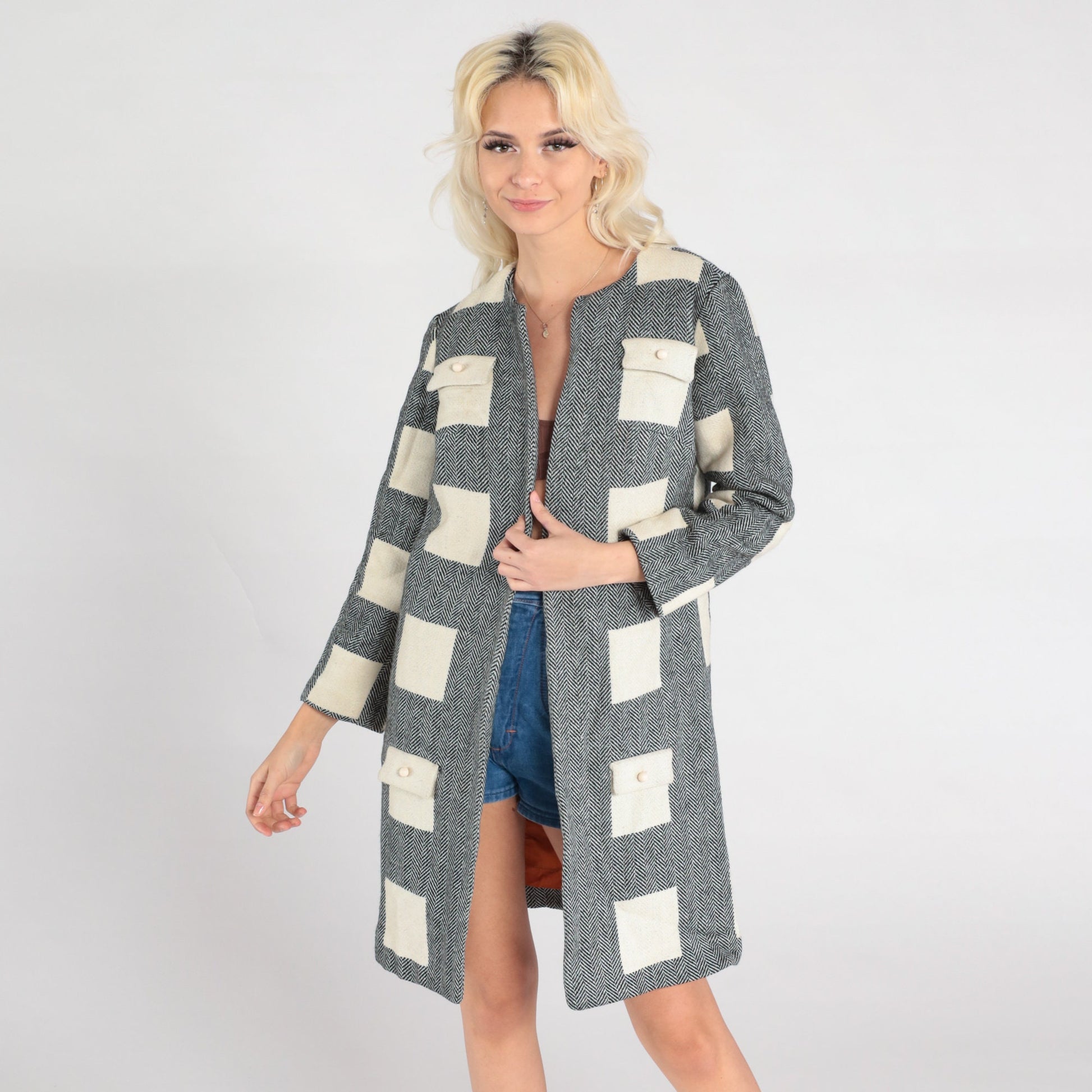60s Wool Herringbone Mod Jacket Black White Open Front Extra Small