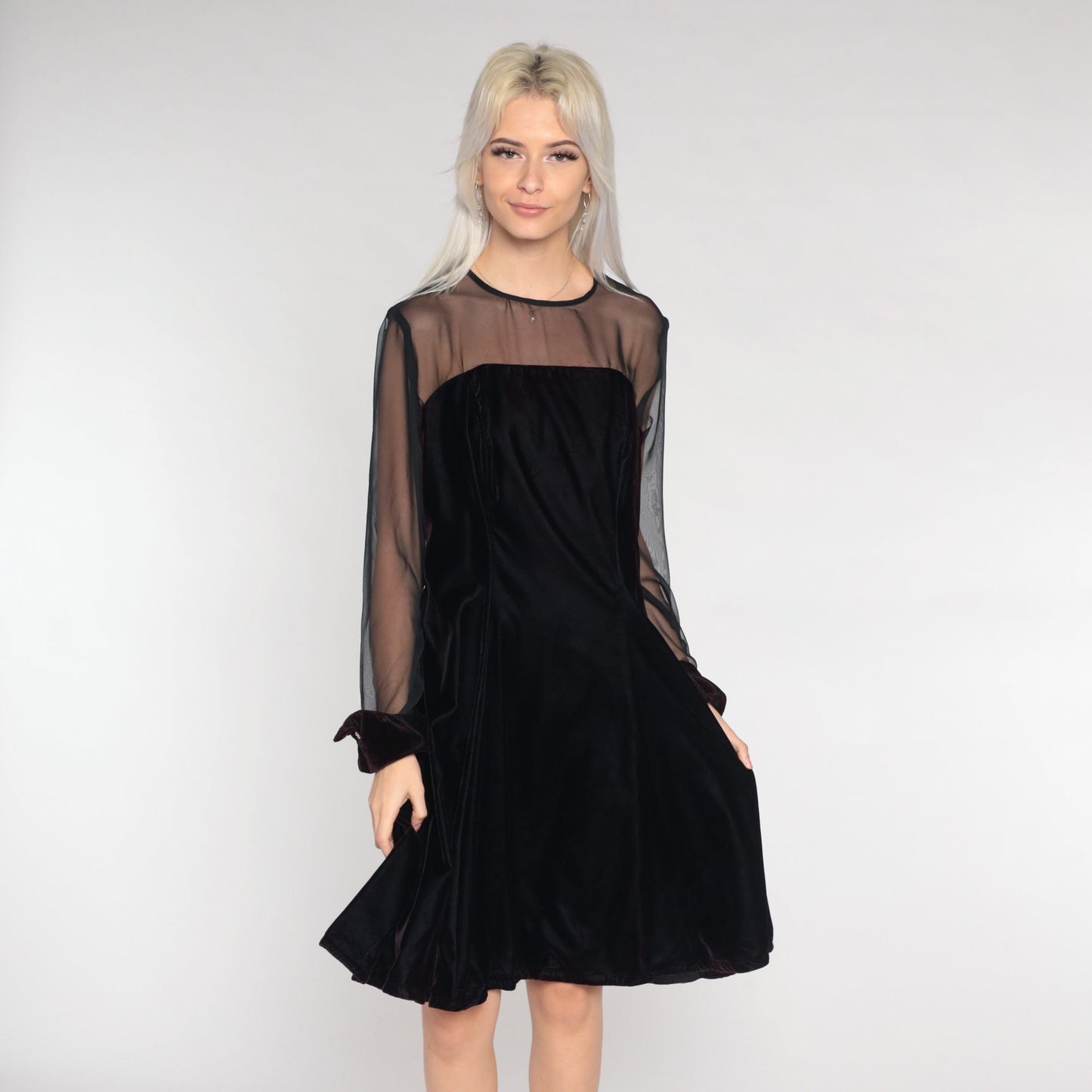 90s Black Velvet Mini Dress Illusion Neckline Long Sleeve Party Large