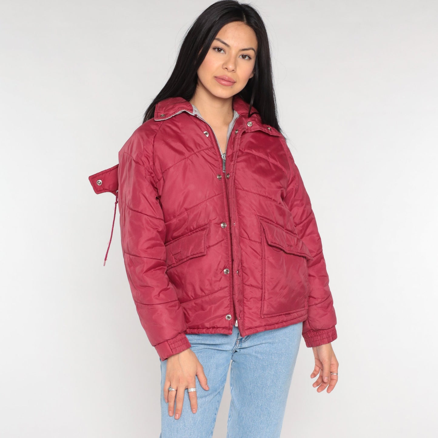 80s Red Puffer Ski Jacket Detachable Hood Nylon Puffy Coat Small