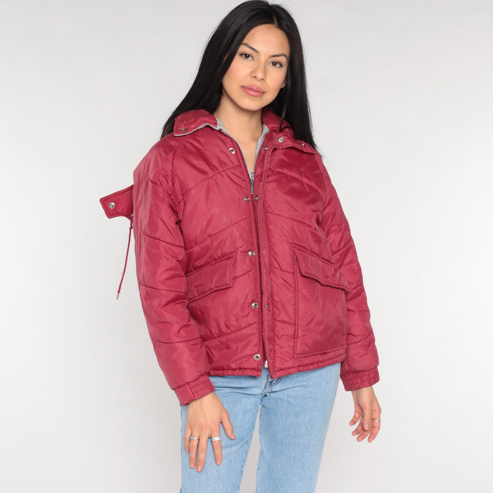 80s Red Puffer Ski Jacket Detachable Hood Nylon Puffy Coat Small