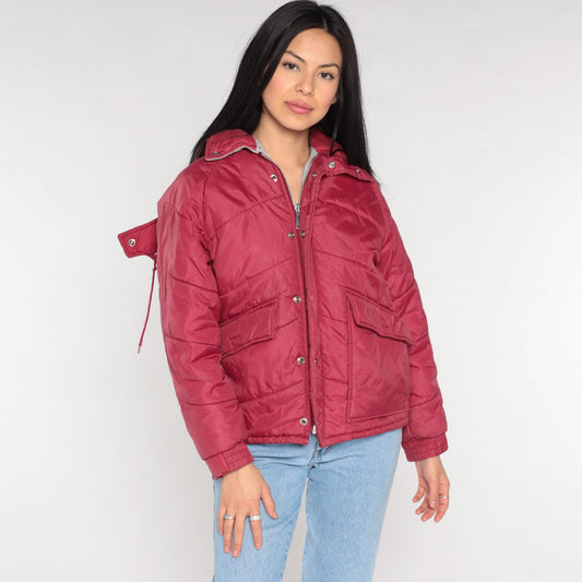 80s Red Puffer Ski Jacket Detachable Hood Nylon Puffy Coat Small