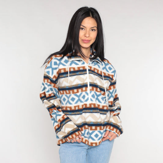 90s Striped Geometric Fleece Half Zip Pullover Blue White Orange Medium