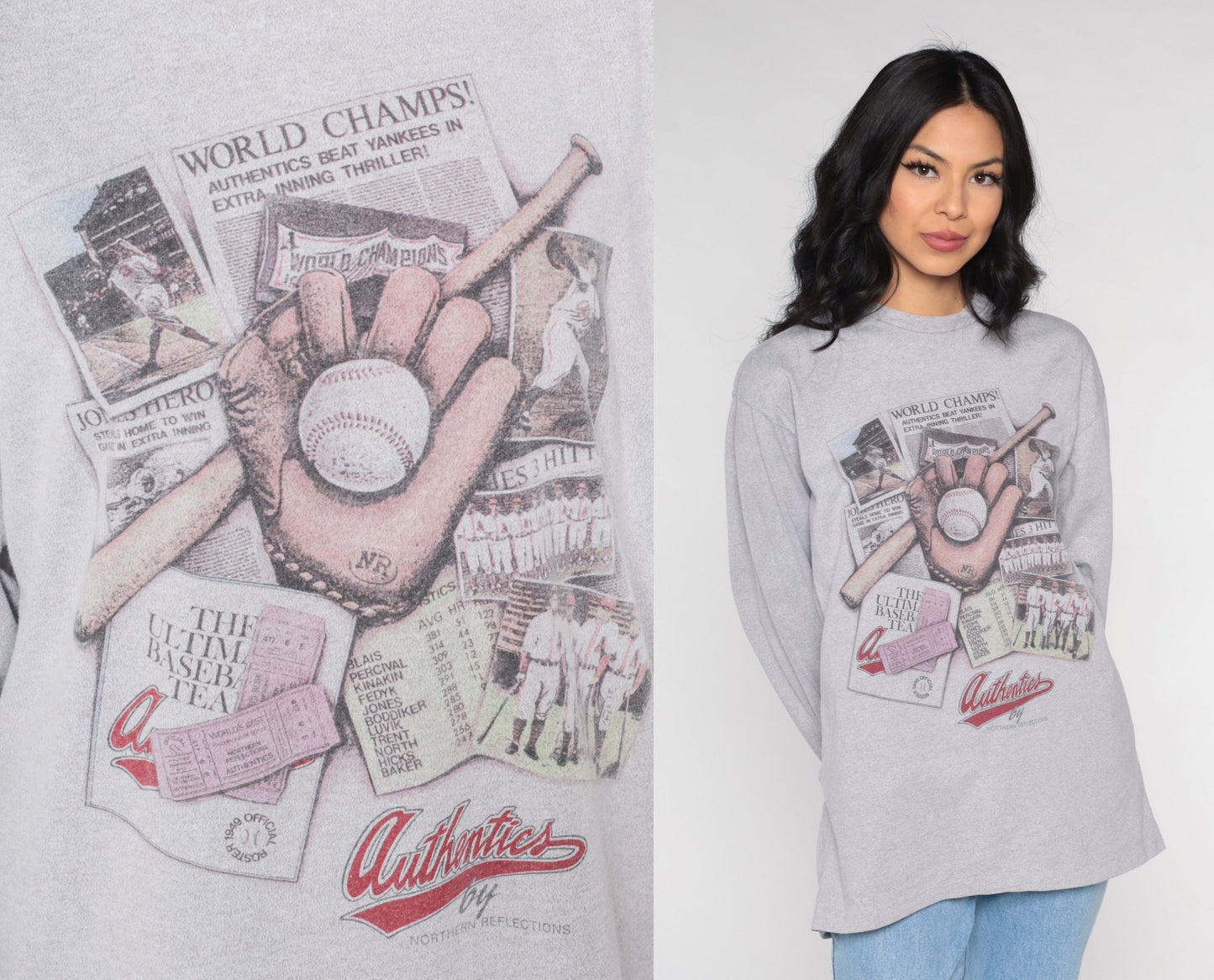 90s Northern Reflections Baseball Long Sleeve T-Shirt Grey Graphic Large