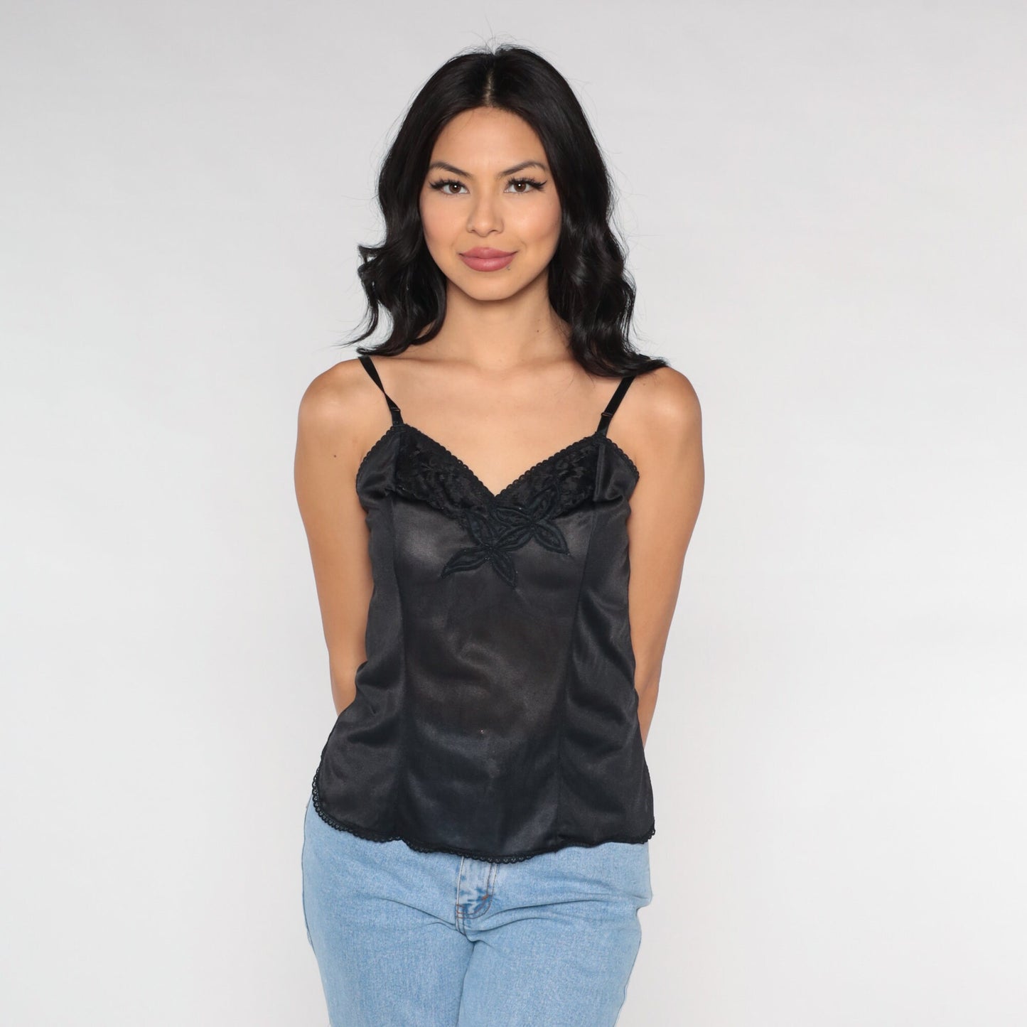 70s Black Camisole Lace Trim Nylon Cami Lingerie Top Small