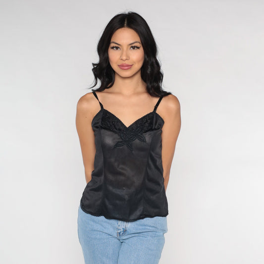 70s Black Camisole Lace Trim Nylon Cami Lingerie Top Small