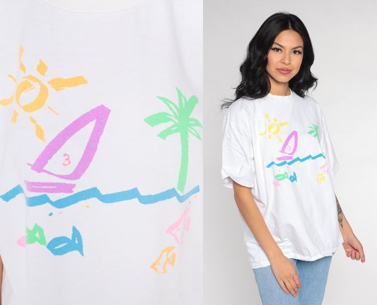 90s Crazy Shirts Sailboat Tropical Beach Graphic Tee White Large L