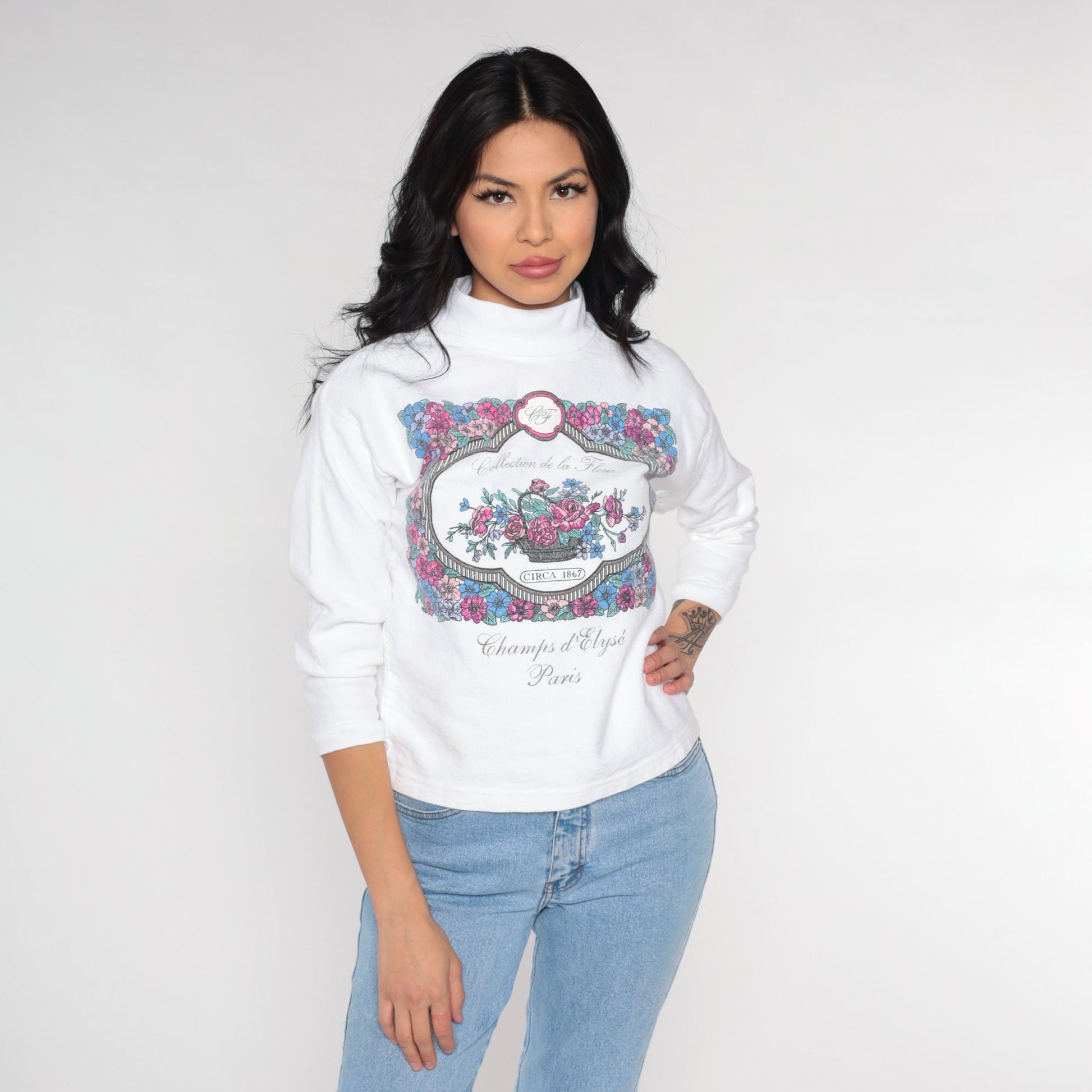 90s Paris Champs d'Élysées Floral Turtleneck White Long Sleeve Top Small S