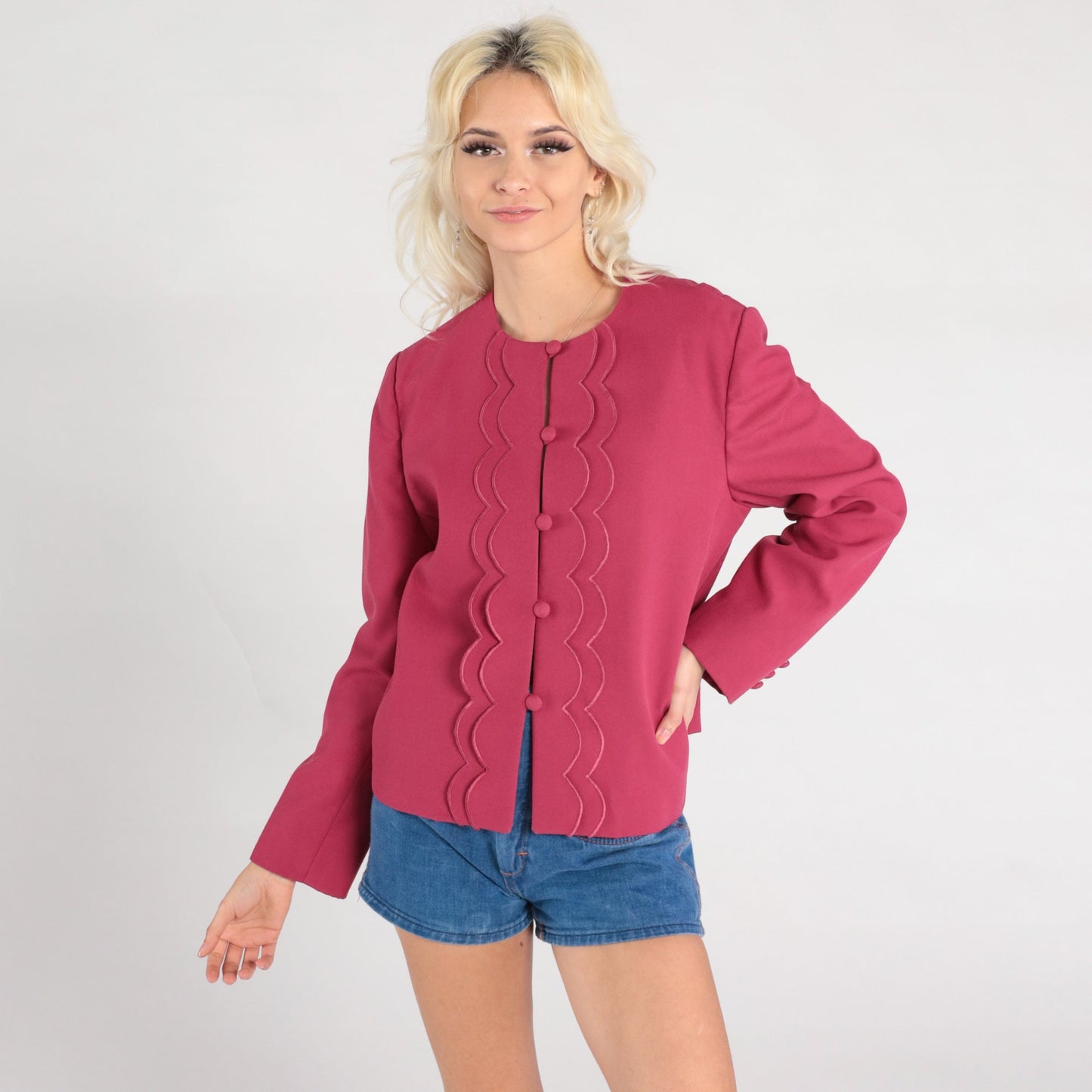 80s Raspberry Pink Scalloped Blazer Button-Up Jacket Women Large L
