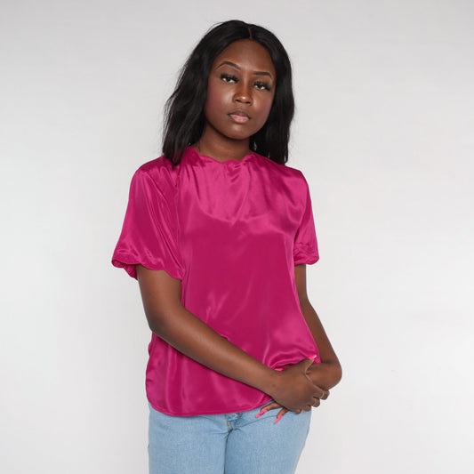 90s Fuchsia Pink Blouse Scalloped Neckline Short Sleeve Medium