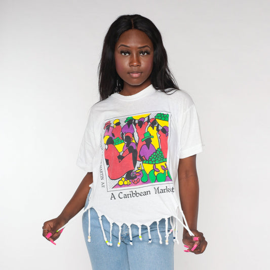 90s Caribbean Market St. Martin Graphic T-Shirt Beaded Fringe White Medium Large