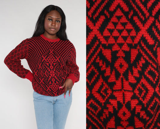 80s Saks Fifth Avenue Wool Sweater Red Geometric Black Op Art Medium M