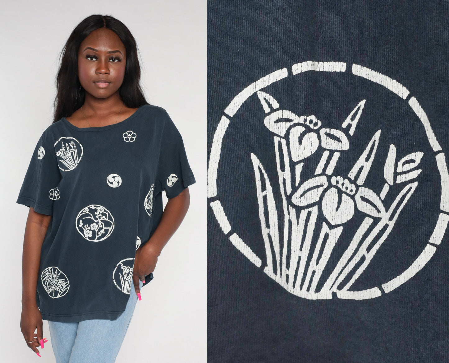 90s Japanese Floral Graphic Tee Black Cotton Cherry Blossom Extra Large XXL