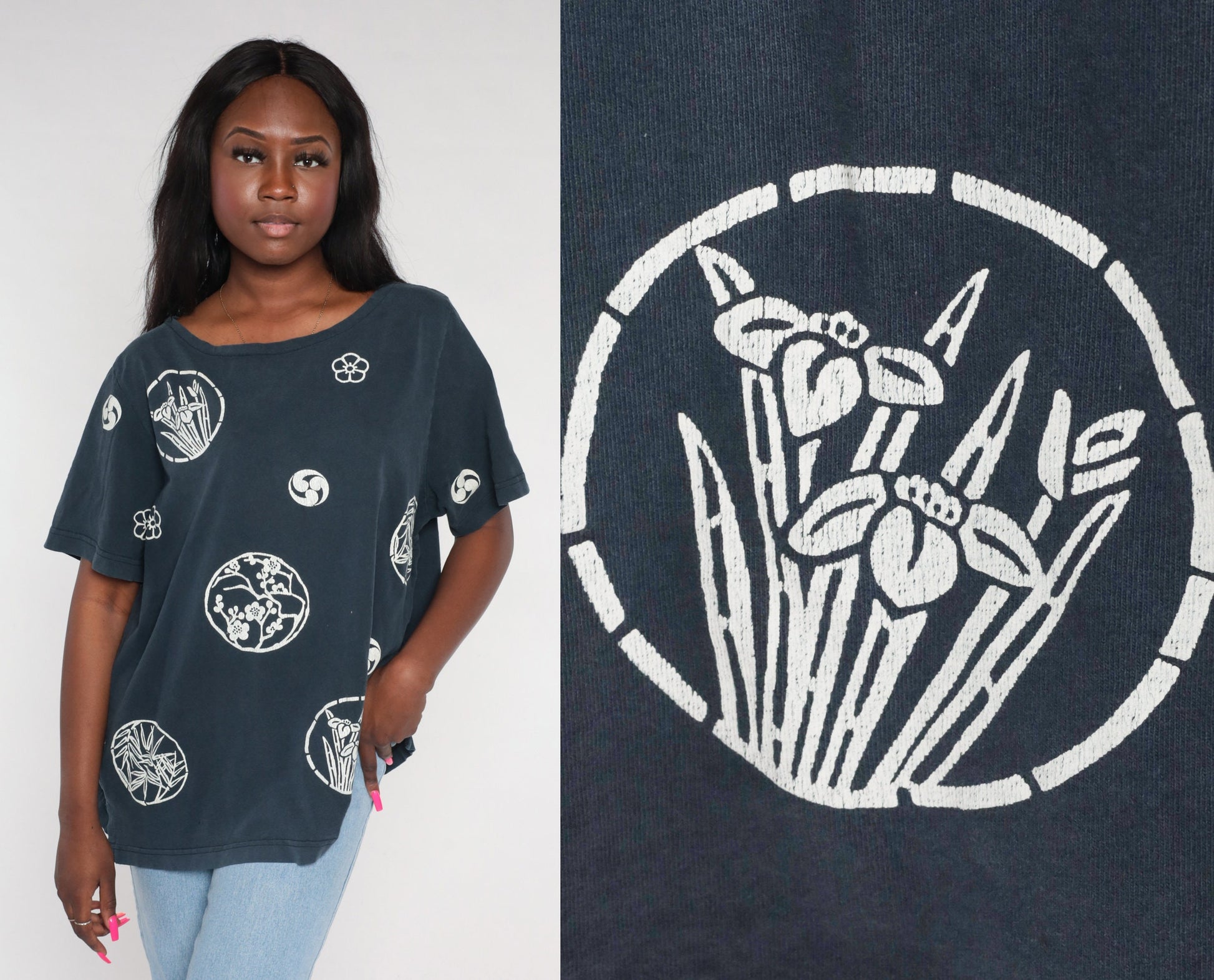 90s Japanese Floral Graphic Tee Black Cotton Cherry Blossom Extra Large XXL