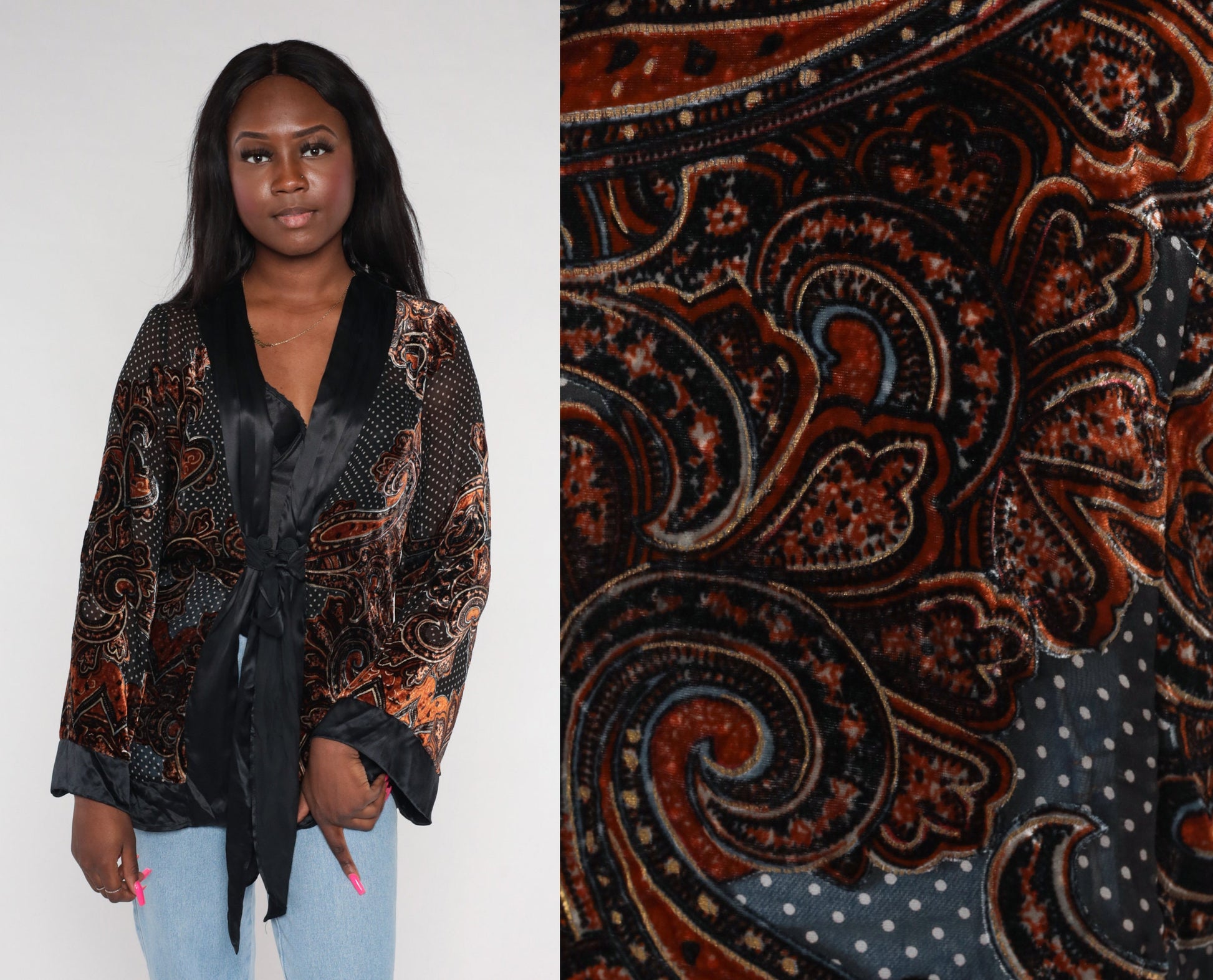 Y2K Velvet Paisley Jacket Black White Polka Dot Deep V Frog Closure Medium M