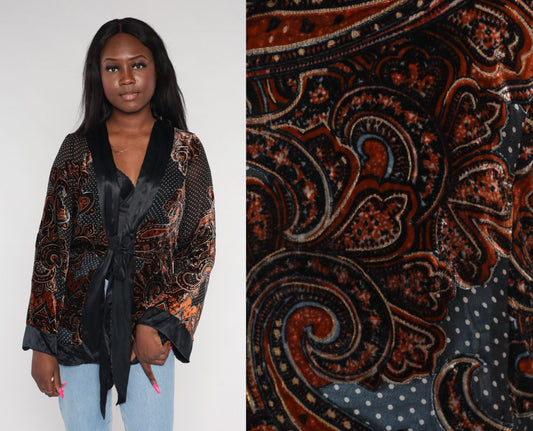 Y2K Velvet Paisley Jacket Black White Polka Dot Deep V Frog Closure Medium M