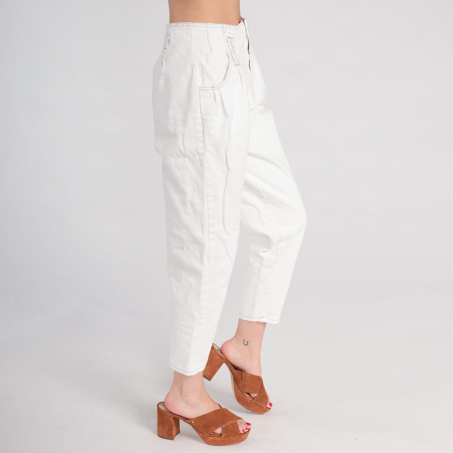 80s Pleated White Denim Jeans High Waist Tapered Cotton Small