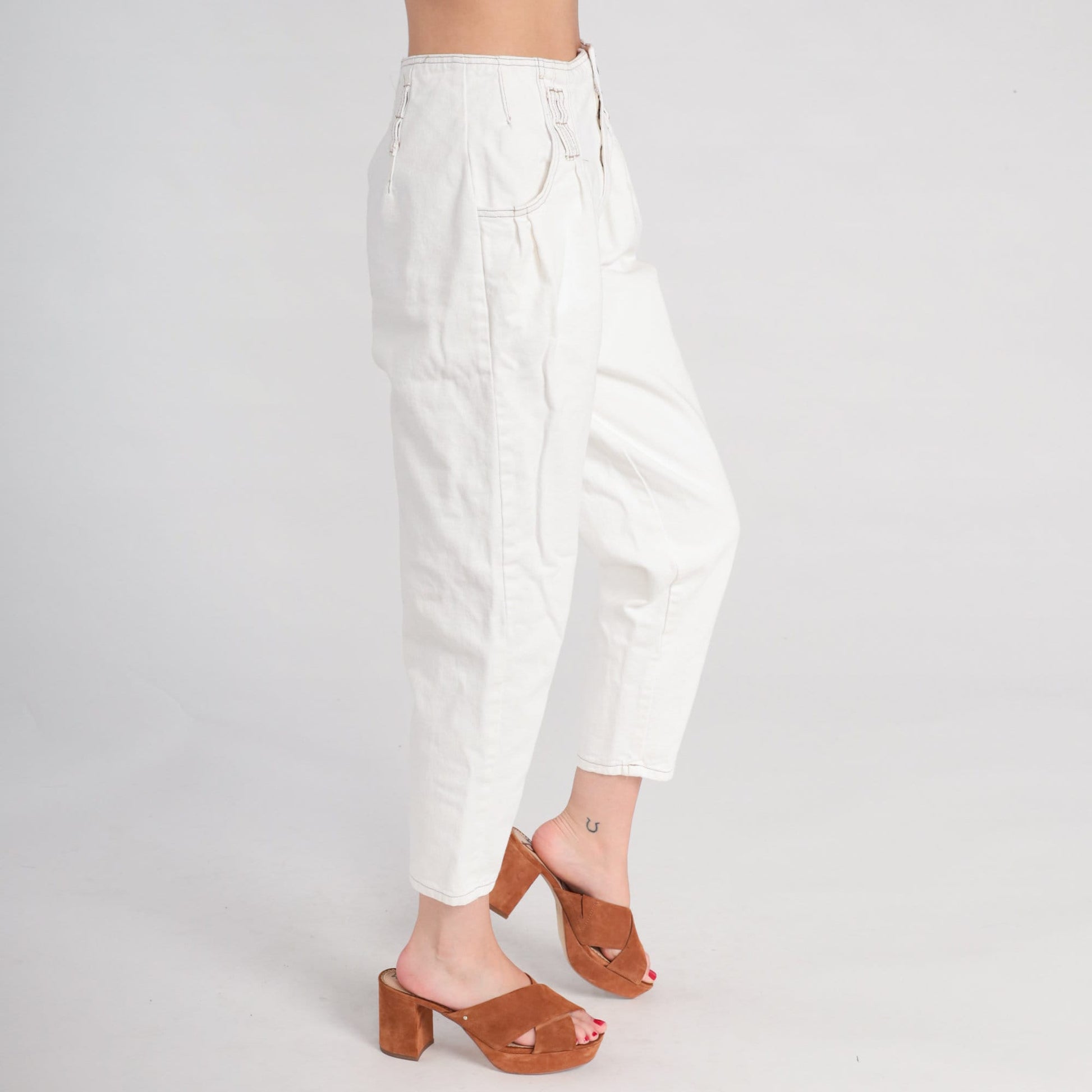 80s Pleated White Denim Jeans High Waist Tapered Cotton Small