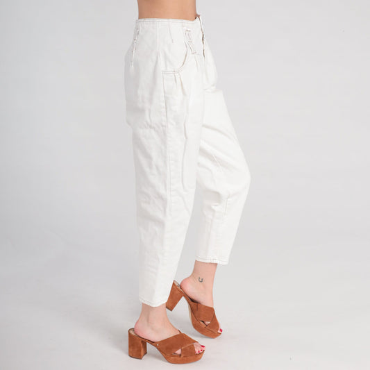 80s Pleated White Denim Jeans High Waist Tapered Cotton Small