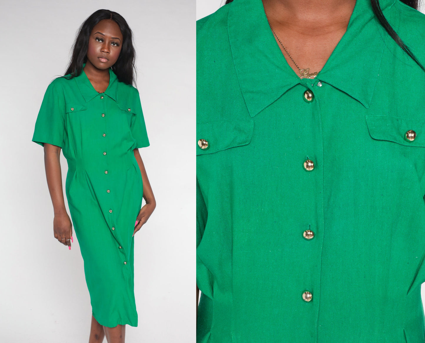 90s Green Silk Midi Shirtdress Short Sleeve Button-Up Medium