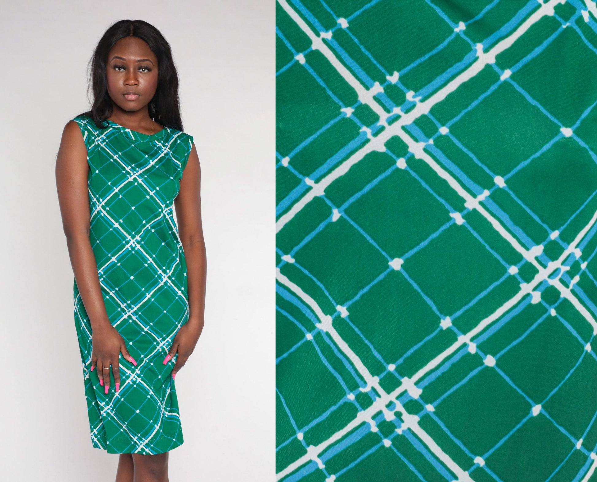 70s Green Lattice Print Shift Dress Sleeveless Mini A-Line Medium