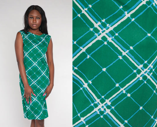 70s Green Lattice Print Shift Dress Sleeveless Mini A-Line Medium