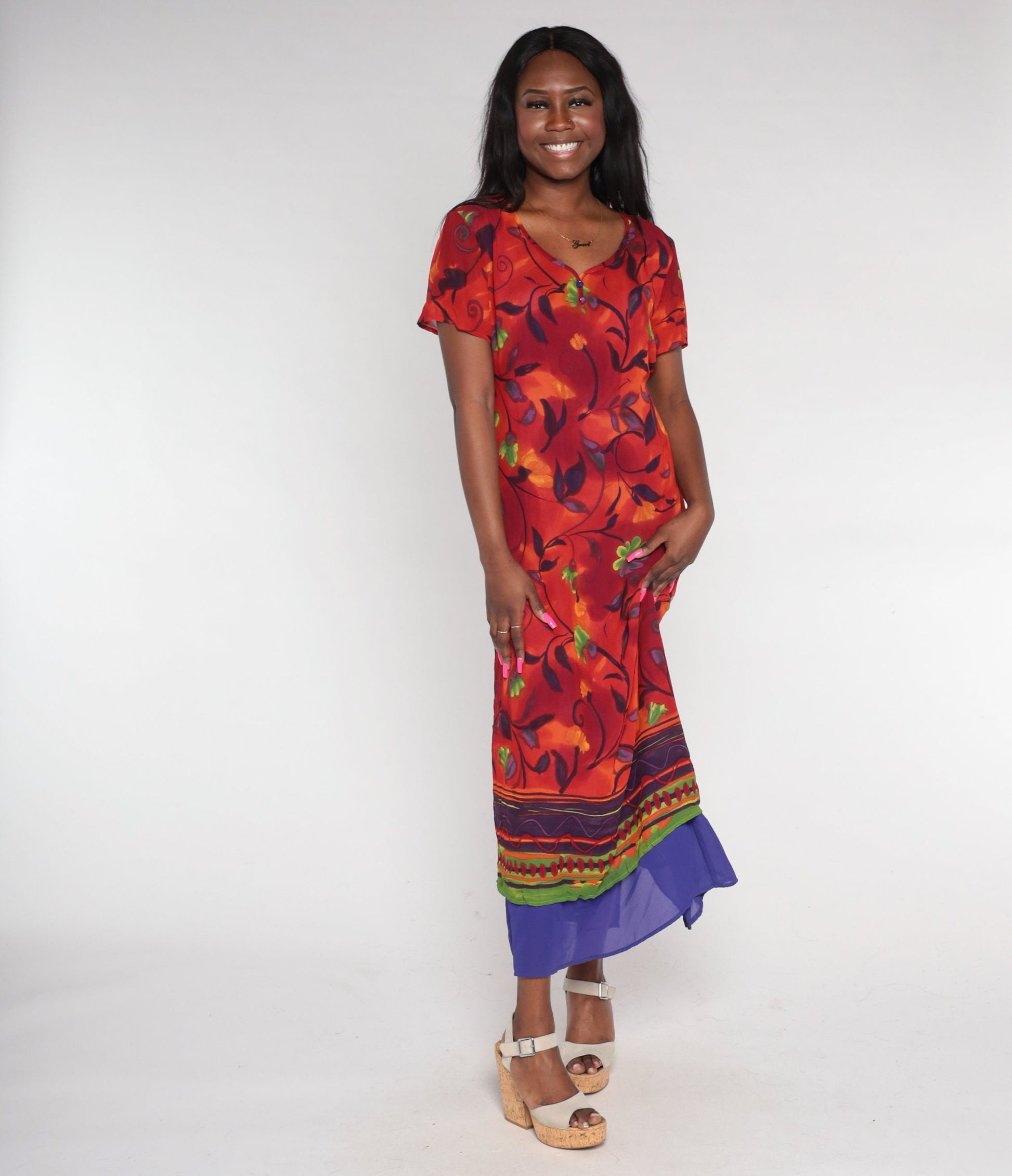 90s Red Floral Midi Dress Purple Layered Hem Short Sleeve Medium