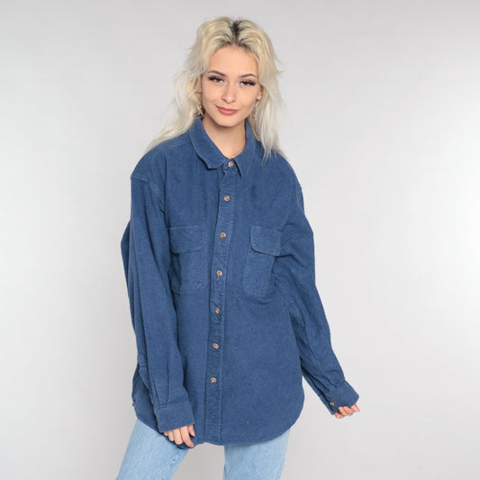 Y2K Blue Cotton Button-Up Shirt Long Sleeve Collared Oxford Men's Extra Large