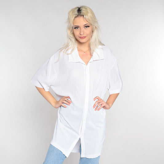Y2K White Ribbed Button-Up Shirt Short Sleeve Collared Top Extra Large XL