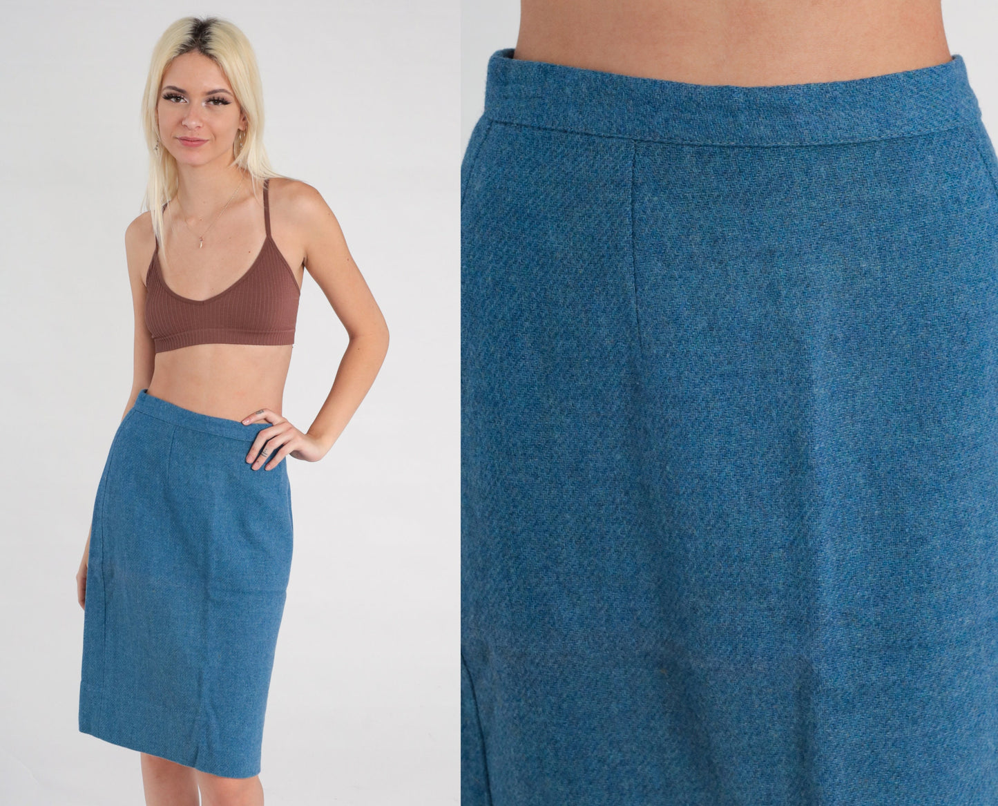 60s Blue Wool Pencil Skirt High Waisted Midi Small