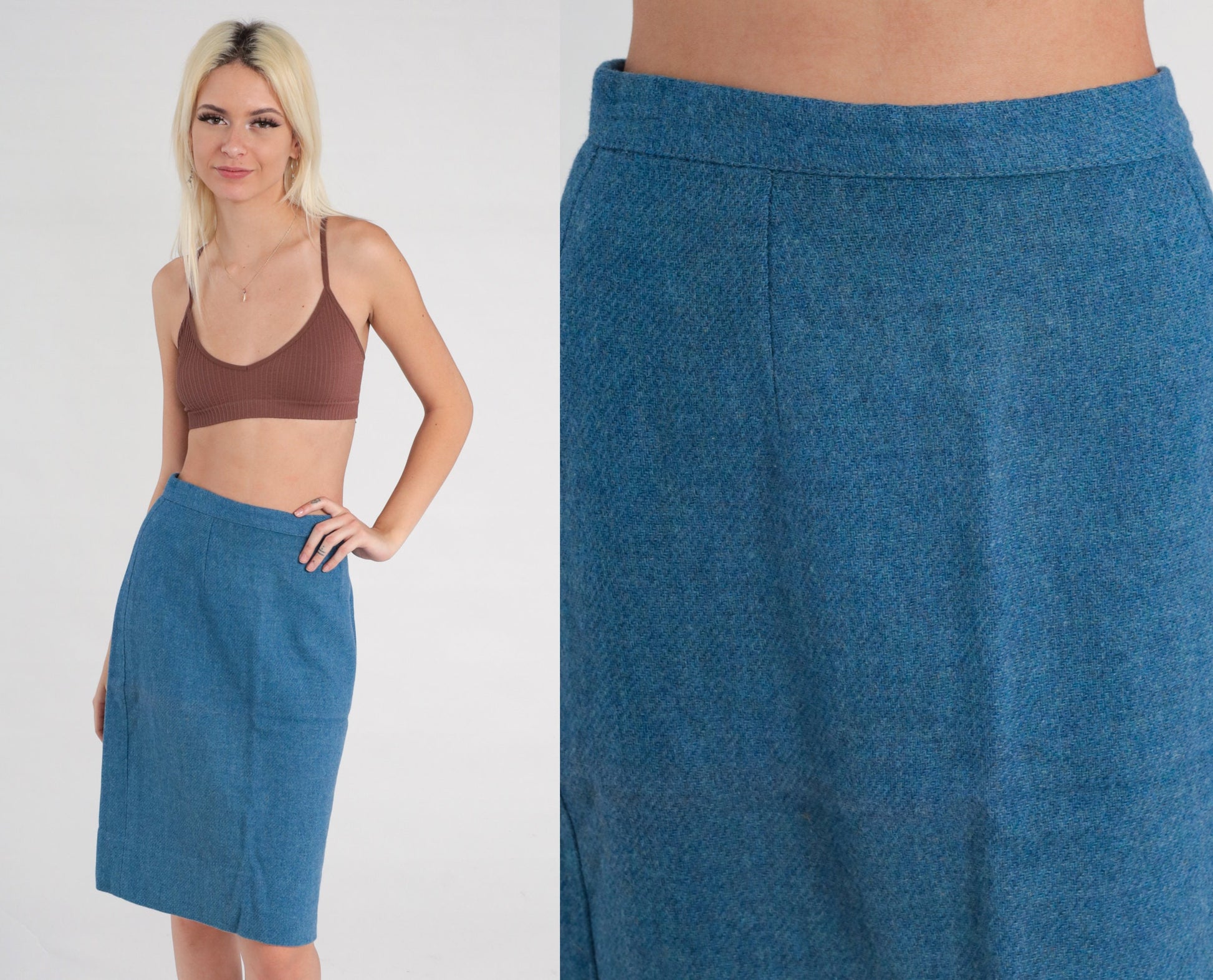 60s Blue Wool Pencil Skirt High Waisted Midi Small