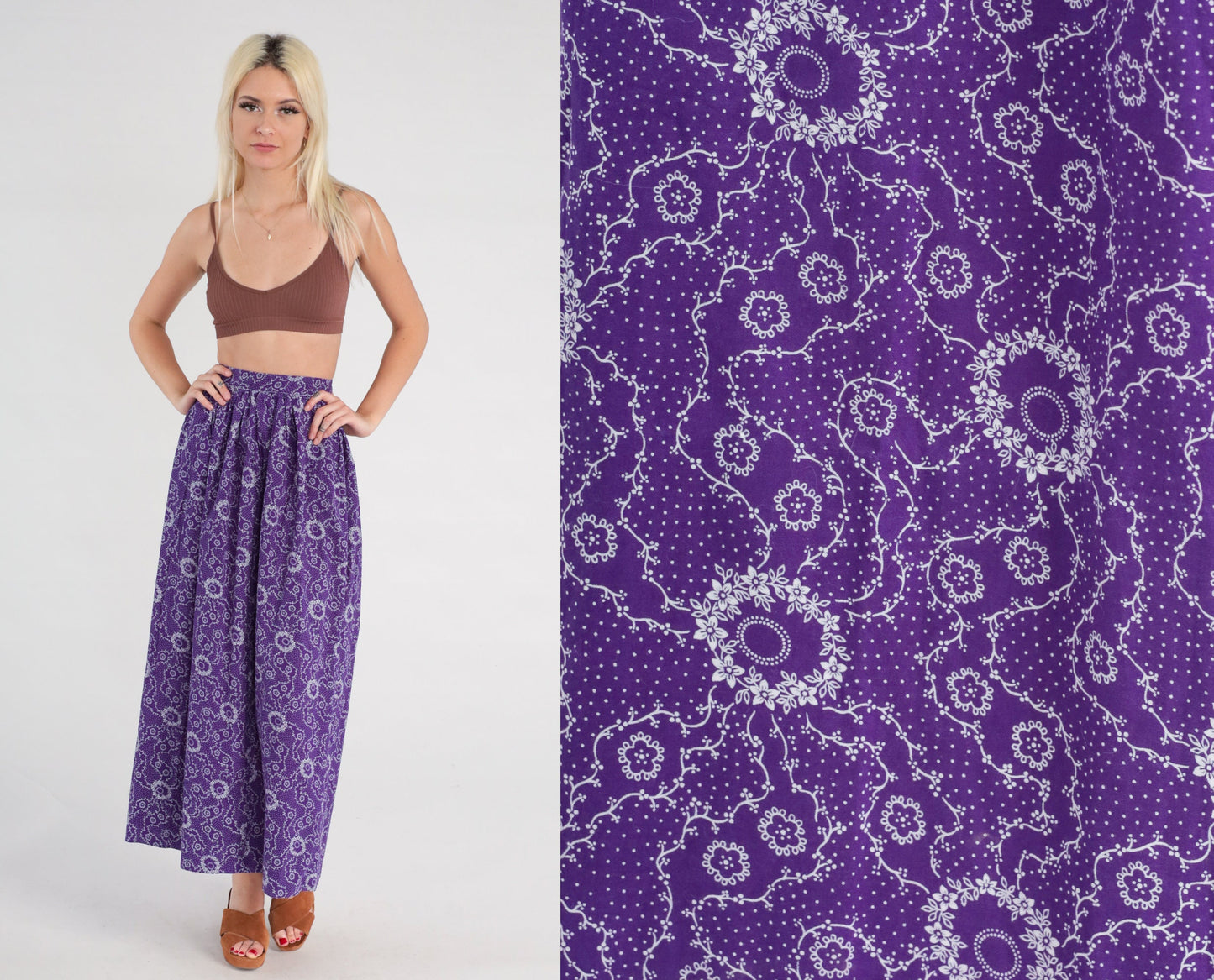 70s Floral Midi Skirt Purple High Waisted Flower Print Ankle Length XXS