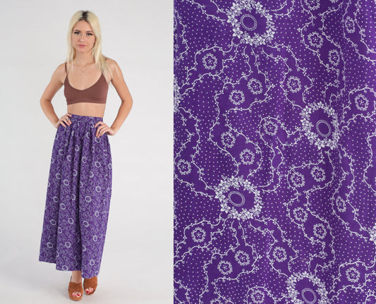 70s Floral Midi Skirt Purple High Waisted Flower Print Ankle Length XXS