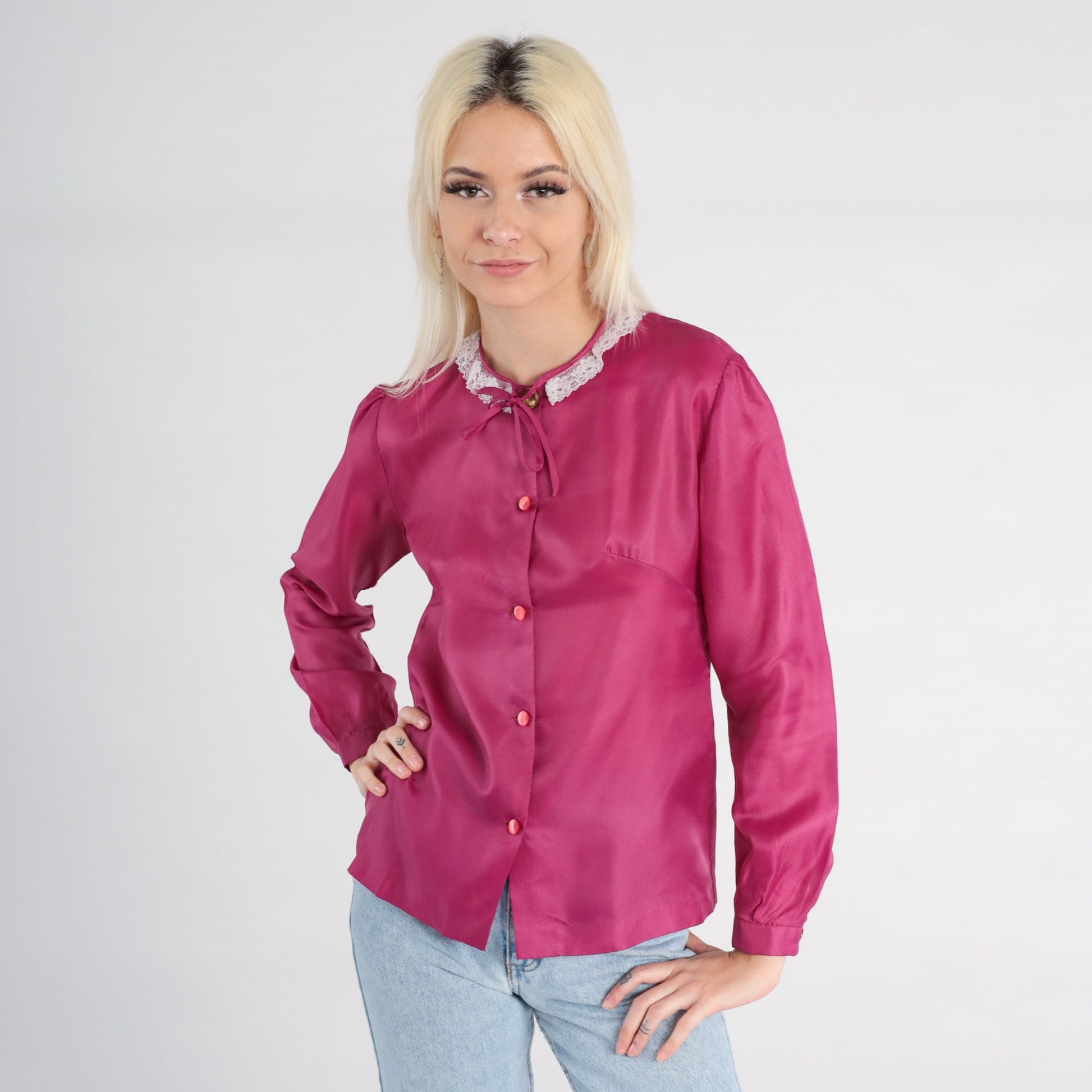 80s Raspberry Pink Puff Sleeve Button-Up Blouse Lace Collar Small