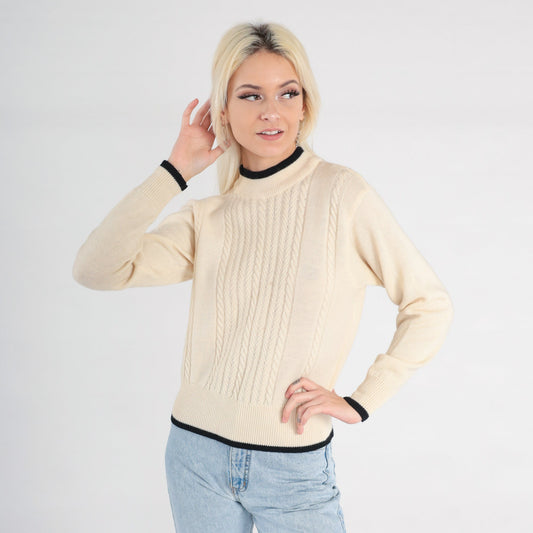 90s Liz Claiborne Cream Wool Cable Knit Crewneck Sweater Small S