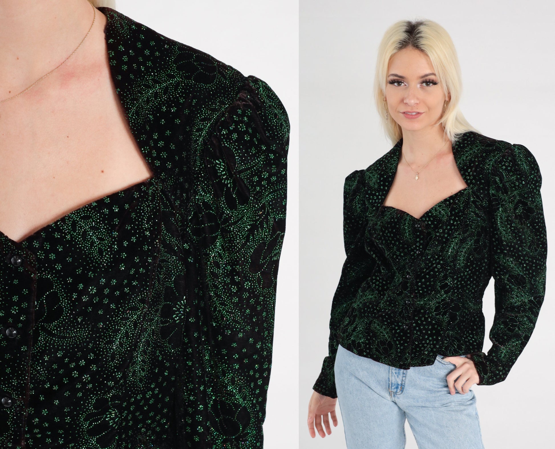 80s Gunne Sax Velvet Blouse Black Sparkly Green Floral Puff Sleeve Medium