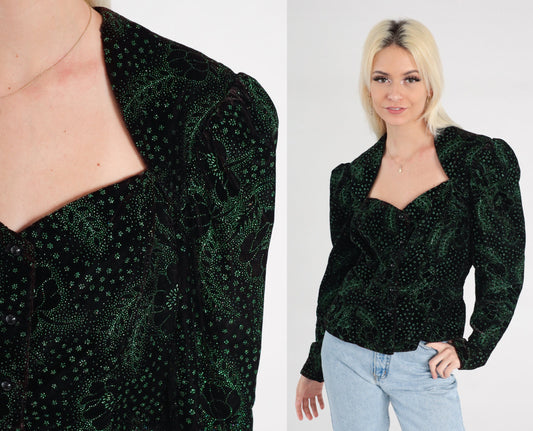 80s Gunne Sax Velvet Blouse Black Sparkly Green Floral Puff Sleeve Medium