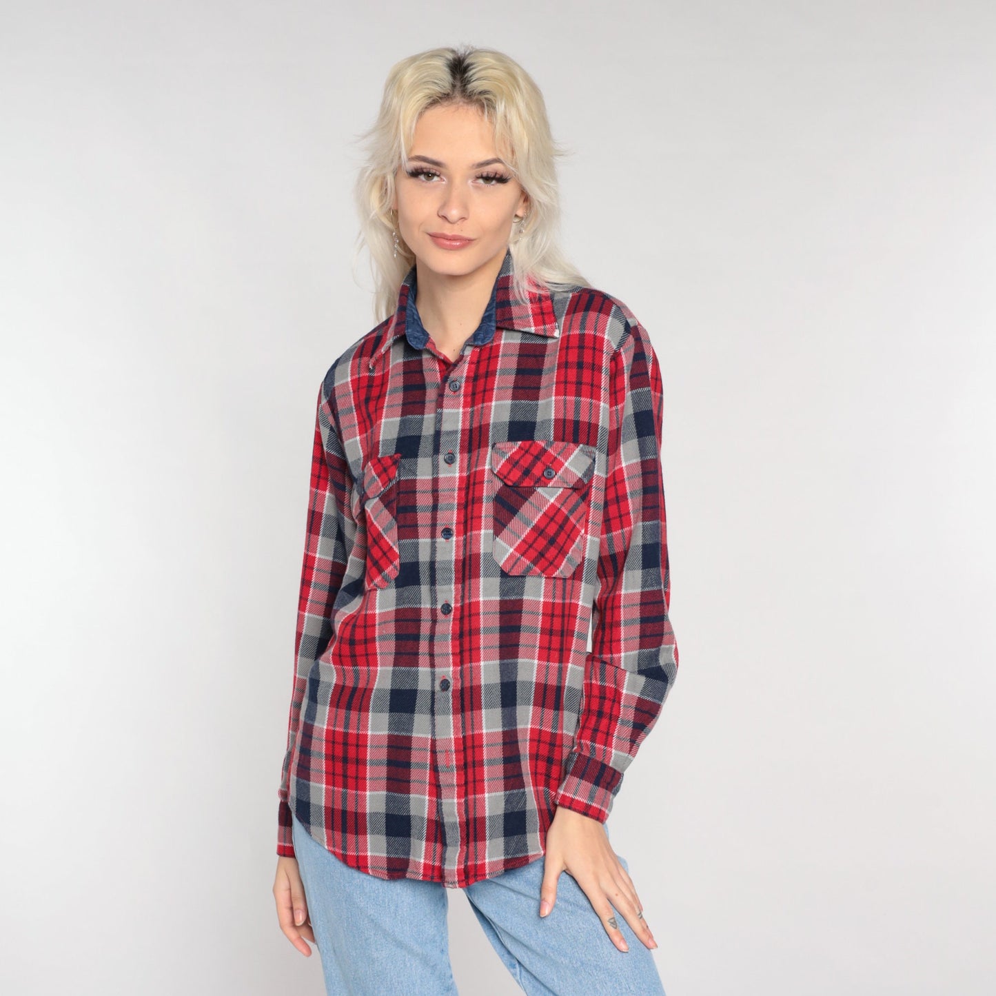 90s Ozark Trail Flannel Shirt Red Plaid Button-Up Long Sleeve Small
