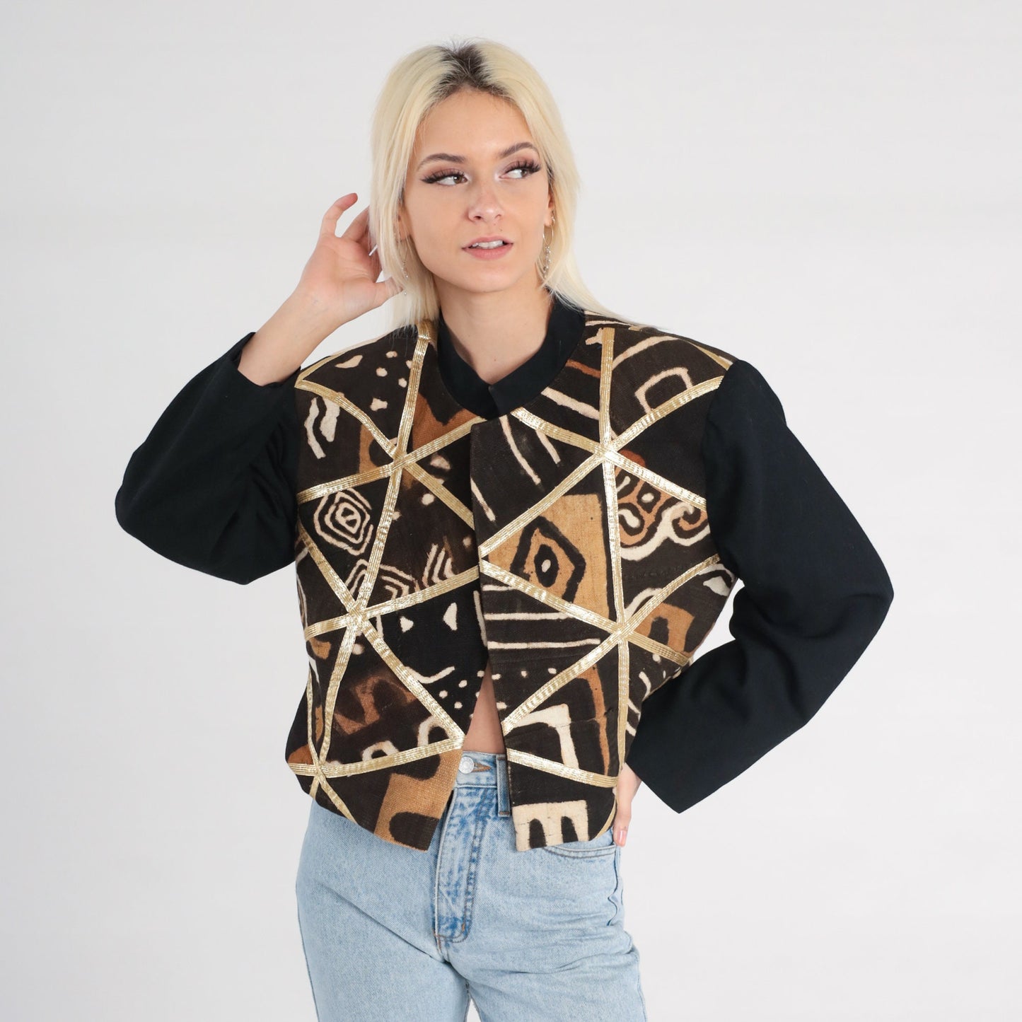 90s Cropped Safari Jacket Patchwork Geometric Black Brown Gold Trim Medium