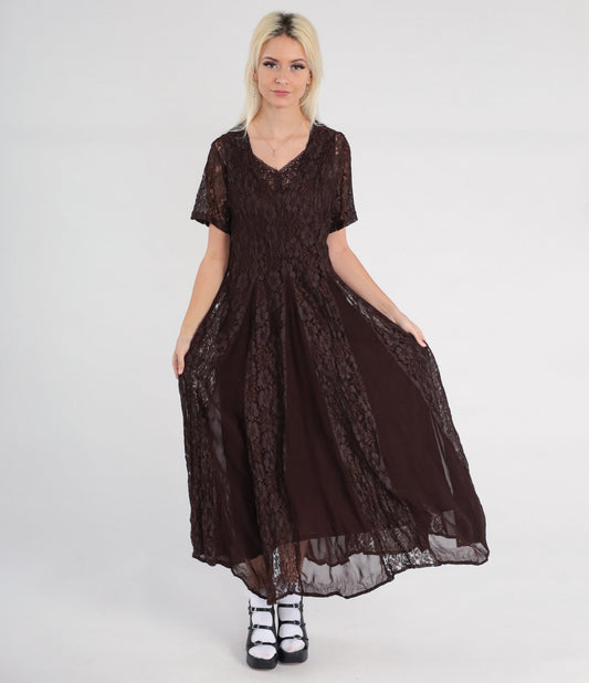 90s Brown Lace Maxi Dress Chiffon Panel V-Neck Short Sleeve Small